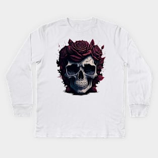 Skull and Roses vector art Tattoo style Kids Long Sleeve T-Shirt